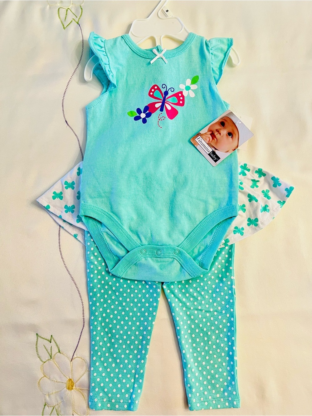 Vitamins Baby Turquoise Butterfly Bodysuit with Polka Dot Leggings Set